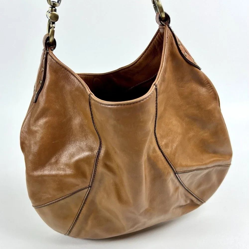 LUCE Leather Hobo Bag Handcrafted Caramel Brown Heavy Brass Hardware & Studs